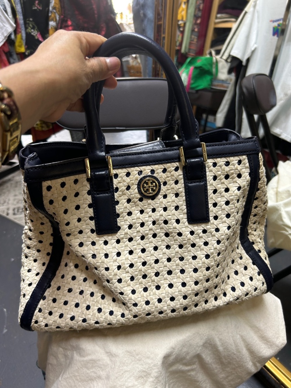 Tory Burch Ivory Woven Tote with navy blue Trim